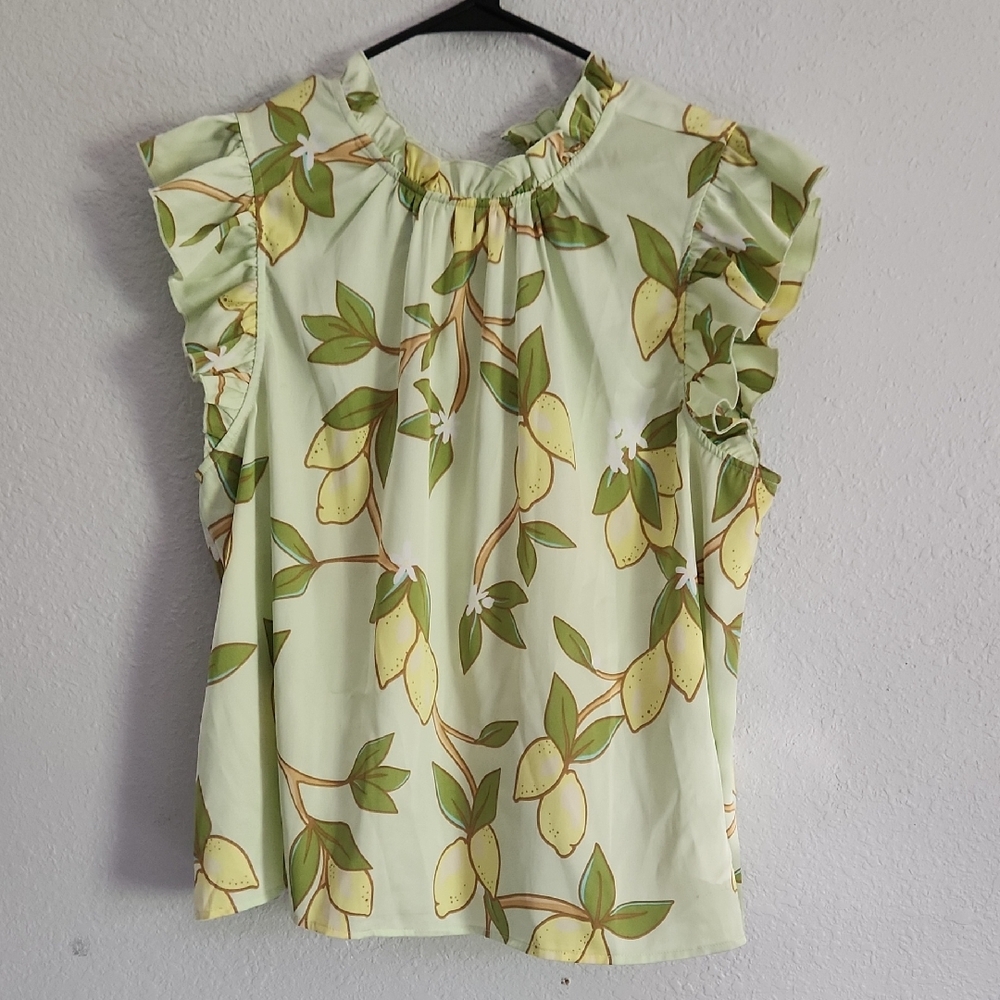 Lemon Print Ruffle Sleeve Top